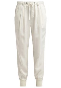 Lichtgekleurde trainingsbroek met een elastische tailleband en trekkoord. Kenmerkt zich door plooien, zijzakken en ribgebreide boorden bij de enkels.