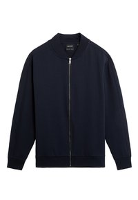 Giacca a zip blu navy realizzata in tessuto liscio, con colletto e polsini a costine, dal taglio dritto e rilassato, senza motivi.