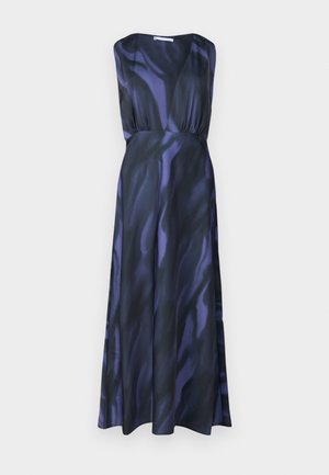 Sleeveless long dress in dark purple with wavy pattern. Features a deep V-neckline and a fitted waist, flowing into a flared hem. Smooth texture.