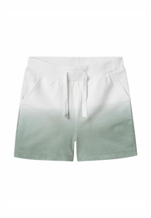 Shorts en coton avec une taille élastique, un cordon de serrage et des poches latérales. La couleur passe du blanc au vert clair à l'ourlet.