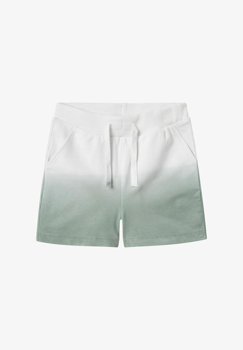 Baumwollshorts mit elastischem Bund, Kordelzug und Seitentaschen. Die Farbe wechselt am Saum von Weiß zu Hellgrün.