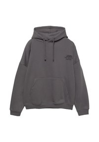 Szary, oversize sweatshirt z kapturem, kieszenią kangurką i sznurkami do ściągania. Zawiera czarny nadruk tekstowy na lewej stronie klatki piersiowej. Miękki w dotyku materiał.