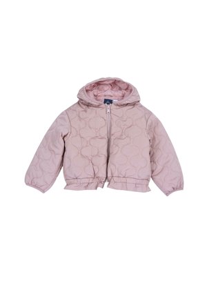 Giacca trapuntata rosa chiaro con cappuccio, zip frontale, maniche lunghe e polsini ed orlo elasticizzati, progettata per un bambino.