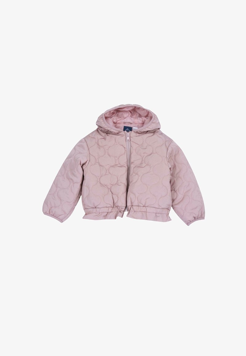 Veste matelassée rose clair avec capuche, fermeture éclair devant, manches longues, poignets et ourlet élastiques, conçue pour un enfant.