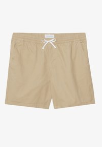 Beige Schwimmshorts mit einem elastischen Bund und weißer Kordel. Mit Seitentaschen und einer glatten Textur. Einfaches, funktionales Design.