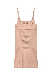 Béžové bezšvové tvarujúce nohavičky s nastaviteľnými ramienkami a texturovaným panelom na podporu pása.