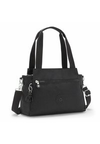 Schwarze Nylon-Handtasche mit doppelten Griffen, abnehmbarem Schultergurt, einer vorderen Reißverschlusstasche und einem Affen-Schlüsselanhänger. Mit einem runden Logopatch.