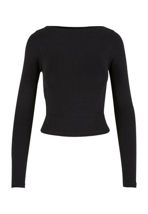 Crna, dugosleeve crop top izrađen od mekog, rastezljivog materijala s jednostavnim, prilagođenim dizajnom i širokim izrezom. Bez uzoraka ili ukrasa.