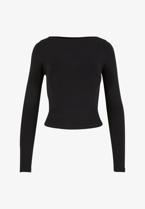 Crop top noir à manches longues fabriqué dans un tissu doux et extensible, avec un design simple et ajusté et une encolure wide. Sans motifs ni embellissements.