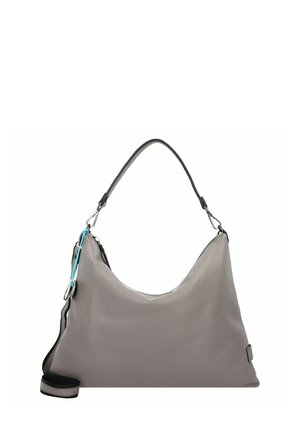Graue Leder-Hobo-Tasche mit einer lässigen Form, abnehmbarem Schulterriemen und kontrastierenden blauen Hardware-Details. Glatte Textur mit minimalistischer Gestaltung.