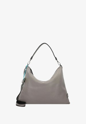 Grijze leren hobo tas met een slungelige vorm, verstelbare schouderriem en contrasterende blauwe hardware details. Gladde textuur met een minimalistisch ontwerp.