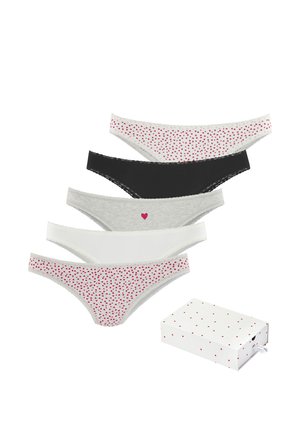 Five women's bikini-style underwear in black, white, gray, and heart patterns, arranged above a white box with red heart designs.