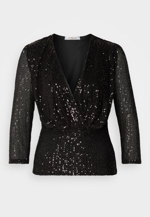 Schwarzes Oberteil mit tiefem V-Ausschnitt, dreiviertelärmeln und überzogenen schwarzen Pailletten. Das Design beinhaltet eine geraffte Taille für eine figurbetonte Passform.