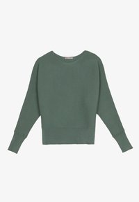 Grüner, gerippter Pullover mit rundem Ausschnitt, weiten Ärmeln und kurzem Schnitt. Verfügt über ein strukturiertes Muster und gerippte Bündchen.