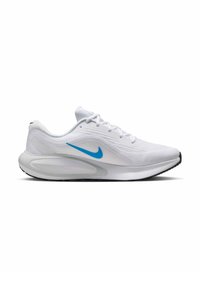 Witte sportieve schoen met blauwe Nike swoosh, textiel bovenwerk, gevoerde zool en zwarte rubberen buitenzool voor grip.