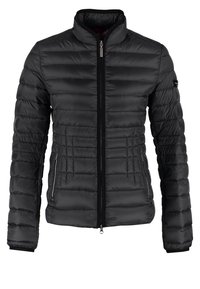 Veste matelassée noire avec fermeture à glissière frontale, deux poches latérales zippées, col montant et manches longues.