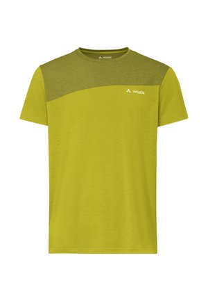 Korte mouwen sport-T-shirt in limoengroen met olijfgroen bovenpaneel en klein wit Vaude-logo op de borst.