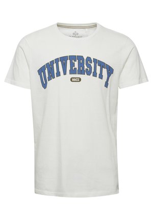 Tricou alb din bumbac cu text albastru "UNIVERSITY" în arcadă. Designul include accente maronii și un guler rotund. Mâneci scurte.