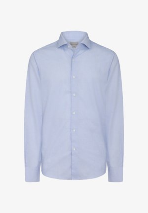 Camicia azzurra chiara con bottoni, realizzata in tessuto strutturato, caratterizzata da un colletto classico, maniche lunghe e un leggero motivo a quadri. Bottoni bianchi lisci.