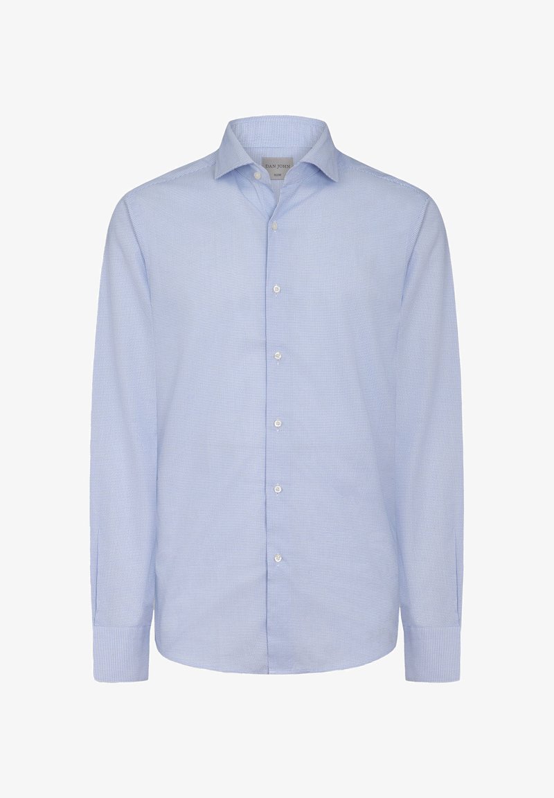 Lyseblå skjorte med knaplukning lavet af tekstureret stof, med klassisk krave, lange ærmer og en subtil ternet mønster. Enkle hvide knapper.