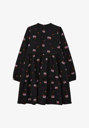 Zwarte jurk met lange mouwen, ronde hals en gelaagd ontwerp. Bevat bloempatronen in paars, roze en oranje op een gestructureerde stof.