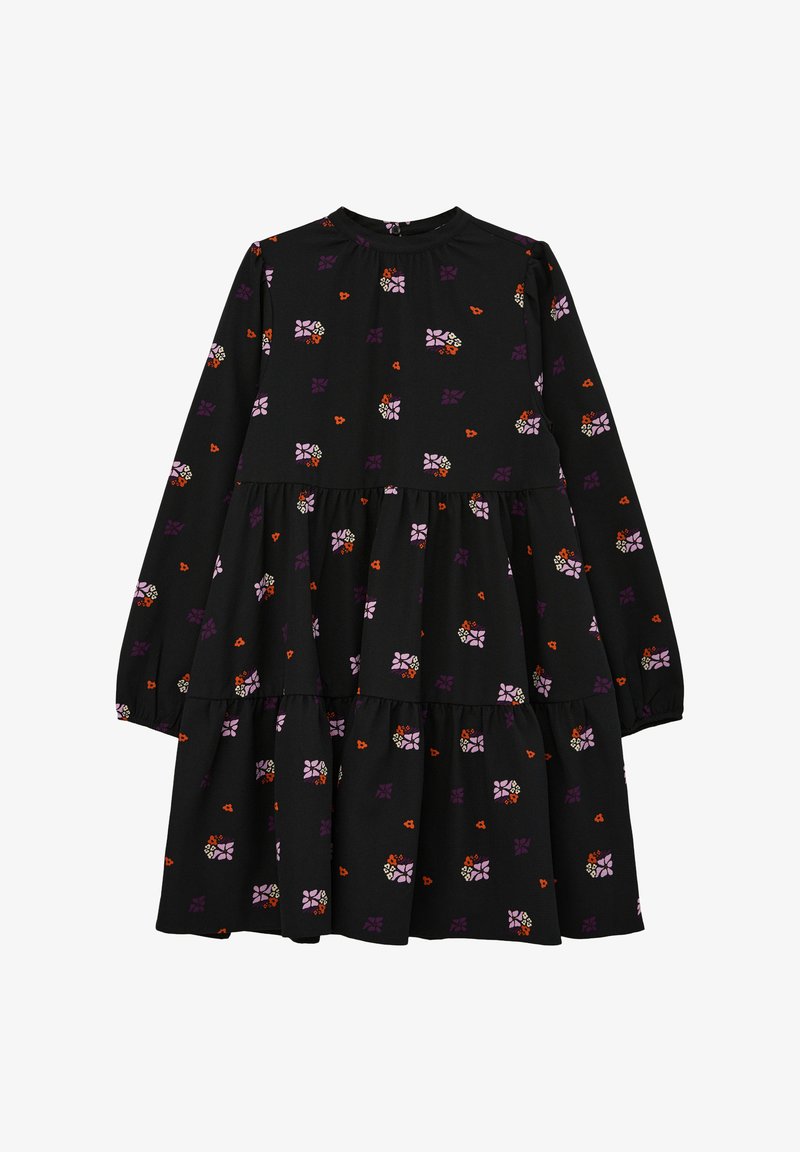 Robe noire à manches longues, encolure ronde et design en étages. Présente des motifs floraux en violet, rose et orange sur un tissu texturé.
