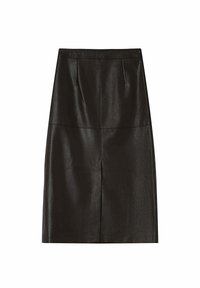 Gonna a tubino nera in pelle con una texture liscia, design fino al ginocchio, due pieghe frontali e uno spacco centrale per facilitare il movimento.