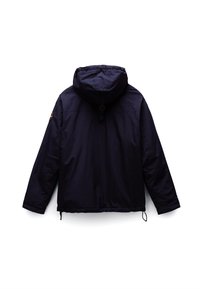 Navy blue hooded jacket with a cinched waist, elastic cuffs, and a logo patch on the left shoulder. Smooth, lightweight fabric.
