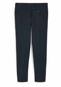 Mörk marinblå formella byxor tillverkade av ett strukturerat tyg. Har två bakfickor med knappstängning och en rak bendesign.