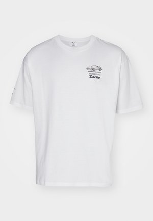 White cotton t-shirt with short sleeves, featuring a gray illustrated Porsche car and "turbo" text on the front left chest.