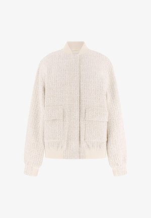 Gestructureerd, crèmekleurig bomberjack met geribde kraag en manchetten, voorzien van twee voorzakken en een ritssluiting. Zachte stof met subtiel patroon.