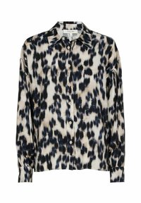 Knoopshirt met een abstract zwart en crème patroon. Heeft een puntige kraag, lange mouwen en een relaxte pasvorm. Zachte stoftextuur.