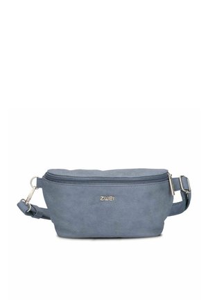 Hellblau strukturierte Umhängetasche mit Reißverschluss, verstellbarem Riemen und Metall-"zwei"-Logo auf der Vorderseite.