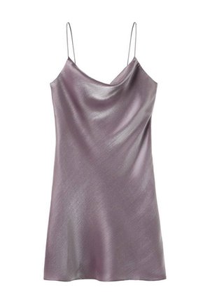 Svilnata, sivkina obleka s spuščenim izrezom, tankimi naramnicami in gladko teksturo. Oblikovana za oprijeto silhueto.