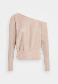 Pull rose clair à une épaule, fabriqué en matière texturée et scintillante. Comporte des manches longues et une ceinture ajustée.