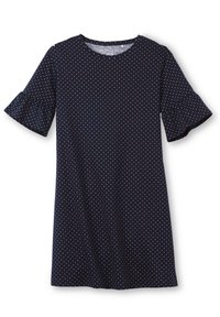 Navy dress with white and pink polka dots, round neckline, short ruffled sleeves, and relaxed fit. Made of soft, lightweight fabric.
