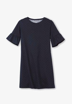 Rochie bleumarin cu buline albe și roz, decolteu rotund, mâneci scurte cu volănașe și croială lejeră. Realizată dintr-un material moale și ușor.