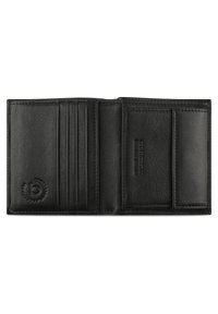 Black leather wallet featuring multiple card slots, a transparent ID window, and a textured interior. Notable embossed logo on exterior.