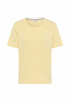 Kortærmet, lysegul dame-t-shirt med rund halsudskæring og lille mærke med brandnavn nær sømkanten på hvid baggrund.