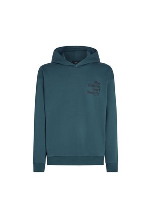 Sweat à capuche teal en tissu doux. Doté d'une poche kangourou et de poignets côtelés. L'avant affiche un texte noir : "The Future Surf Society."
