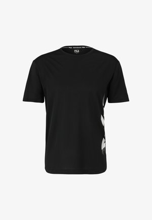 Black short-sleeve T-shirt made of breathable fabric featuring a white graphic design on the left side and a round neckline.