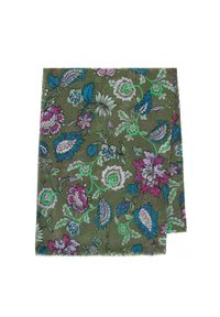 Sciarpa di cotone in verde oliva con motivo floreale in rosa, blu e bianco, con bordi sfrangiati per aggiungere texture.