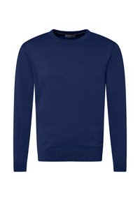 Dunkelblauer Pullover aus glattem Strickstoff, mit Rundhalsausschnitt, langen Ärmeln und geripptem Saum sowie Bündchen. Kleines Markenlabel an der Unterseite.