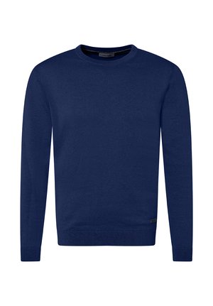 Dunkelblauer Pullover aus glattem Strickstoff, mit Rundhalsausschnitt, langen Ärmeln und geripptem Saum sowie Bündchen. Kleines Markenlabel an der Unterseite.