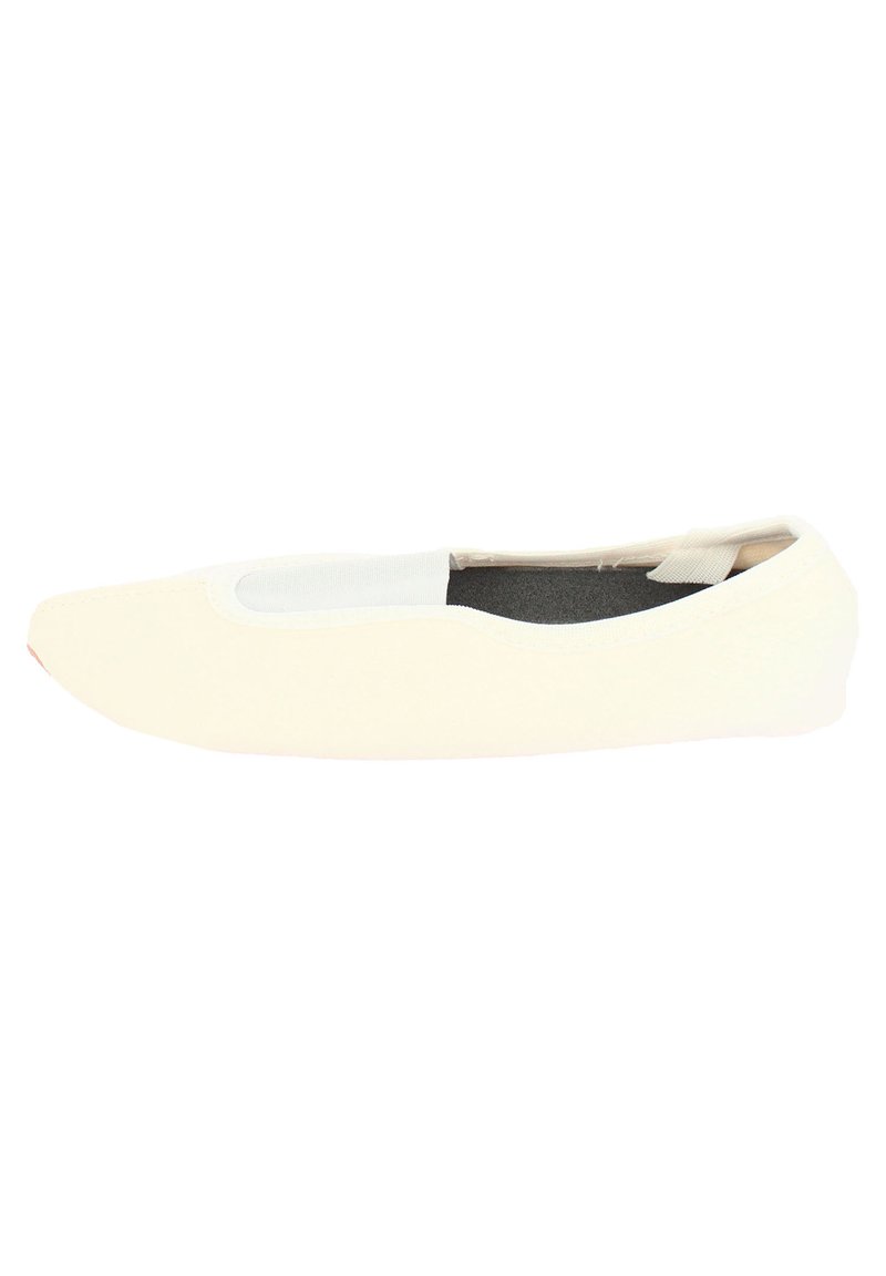 Helle cremefarbene Ballerinas aus Canvas mit runder Spitze und elastischem Einsatz für einfaches Hineinschlüpfen. Weiche gepolsterte Innensohle und flaches Sohlen-Design.