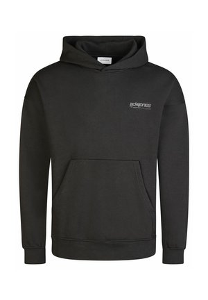Schwarzer Kapuzenpullover aus Baumwollmischung. Mit einer Vordertasche und gerippten Bündchen. Kleines Logo auf der Brust in kontrastierender Farbe.