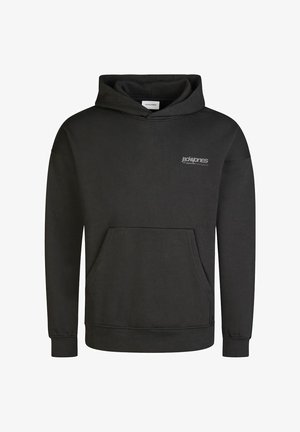 Schwarzer Kapuzenpullover aus Baumwollmischung. Mit einer Vordertasche und gerippten Bündchen. Kleines Logo auf der Brust in kontrastierender Farbe.