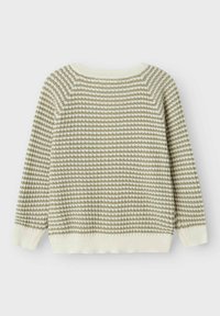 Pletený sveter v svetlozelenej a krémovej farbe, so štruktúrovaným vzorom s horizontálnymi pruhmi. Žebrované manžety a spodný lem.