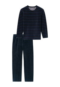 Camisa de manga larga a rayas en azul oscuro con finas líneas de color; combinada con pantalones azul oscuro, de textura suave y con cintura elástica.