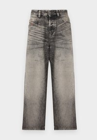 Τζιν παντελόνια σε γκρι απόχρωση με ψηλή μέση και φαρδιά μπατζάκια, ξεβαμμένο πλύσιμο, κουμπί και φερμουάρ μπροστά και κλασική πεντάτσεπη σχεδίαση.